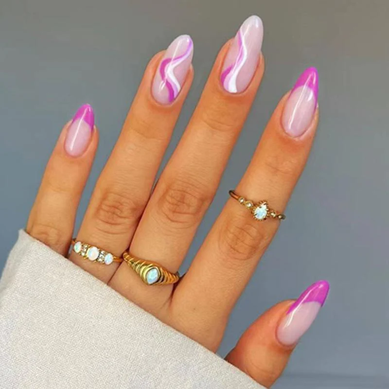 Dual Color Swirl Medium Oval Purple Geometric Press On Nails