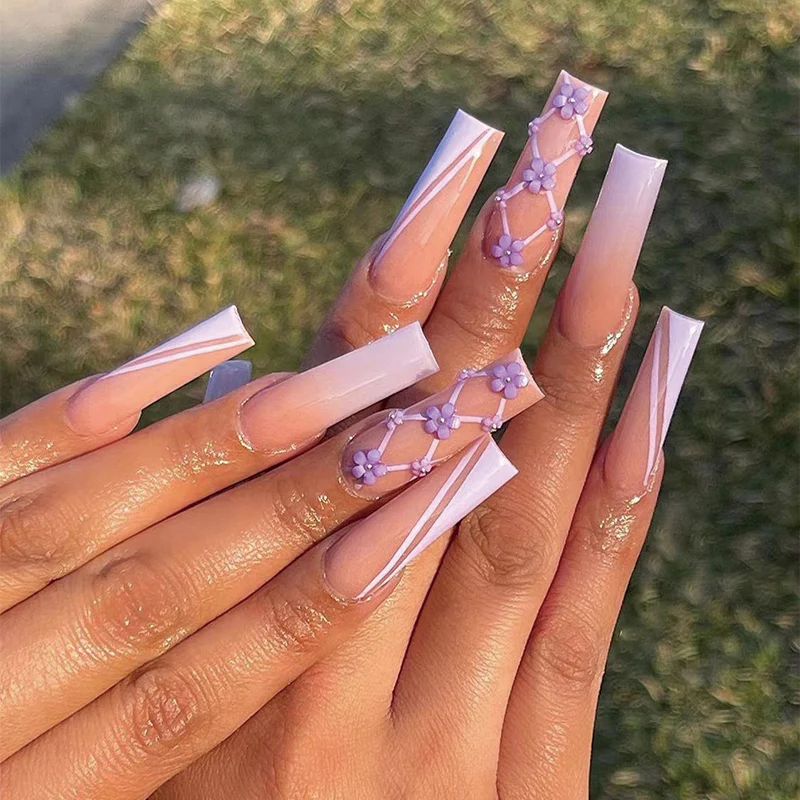 3D Flower Vines Long Coffin Purple Spring Press On Nails