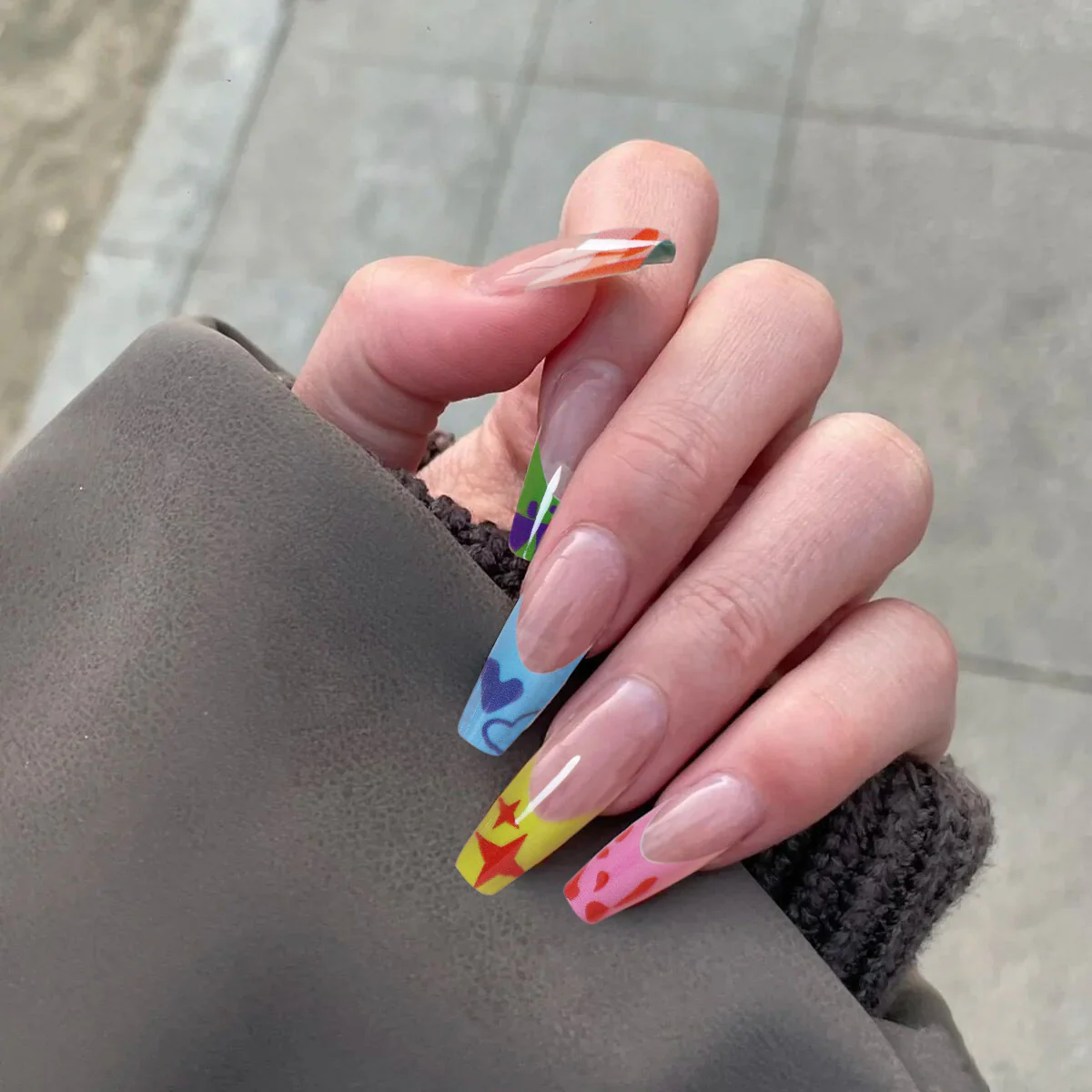 Abstract Art Extravaganza Long Coffin Multicolor Press On Nail Set with Unique Graffiti Design