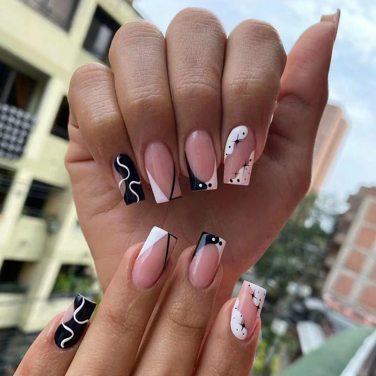 Abstract Elegance Medium Square Black White Pink Press On Nail Set with Geometric and Dalmatian Accents