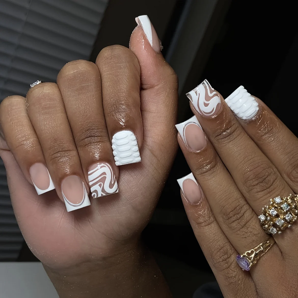 Abstract Elegance Short Square Beige and White Press On Nail Set with 3D Texture and Swirl Design