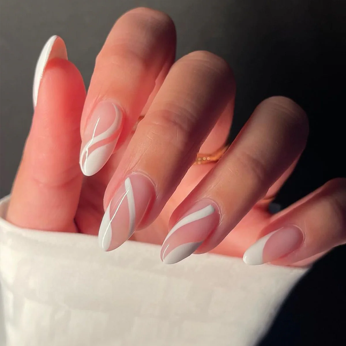 Abstract Swirl Long Oval White Press On Nails with Translucent Detail