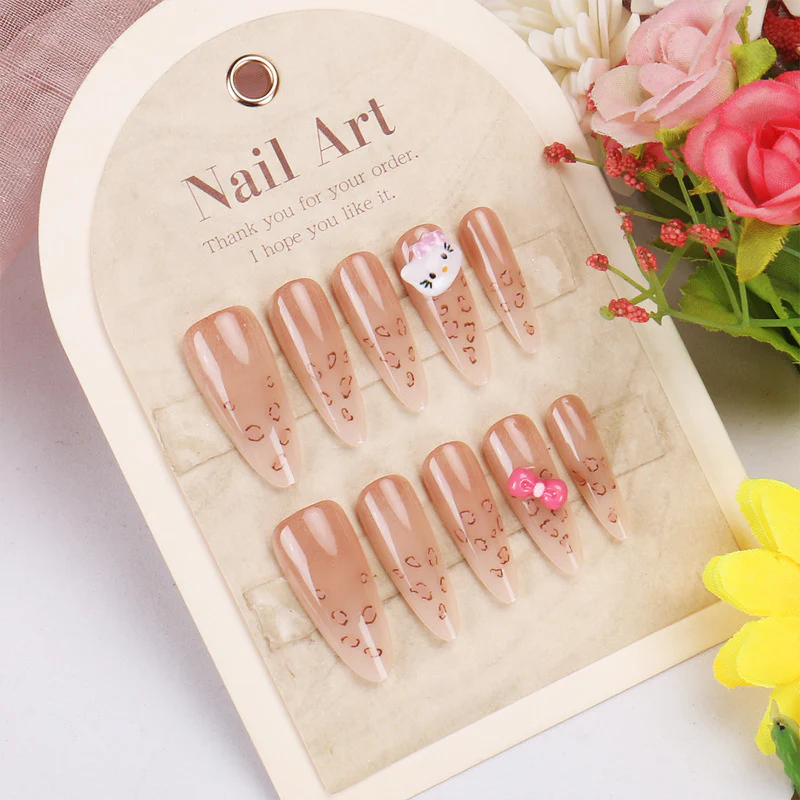 Adorable Feline Chic Long Almond Shaped Beige Press On Nail Set With Cute Kitty And Bow Accents