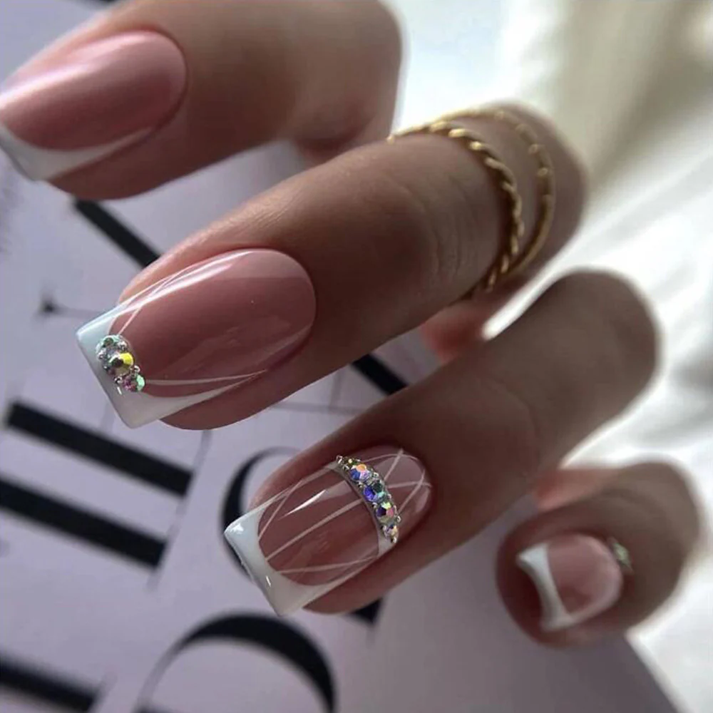 Advanced System Medium Square White Studded Press On Nails