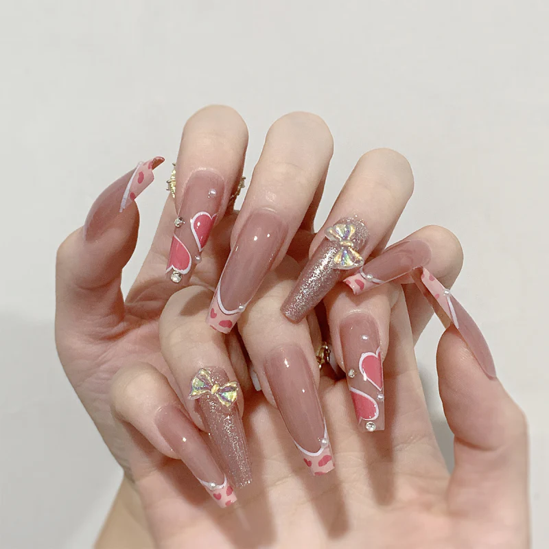 Animated Hearts Long Coffin Beige Bold Press On Nails - Image 10
