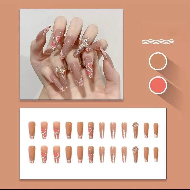 Animated Hearts Long Coffin Beige Bold Press On Nails - Image 2