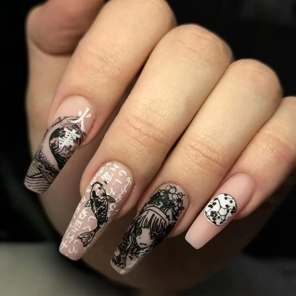 Anime Girl Long Coffin Nude Cartoon Fake Nails