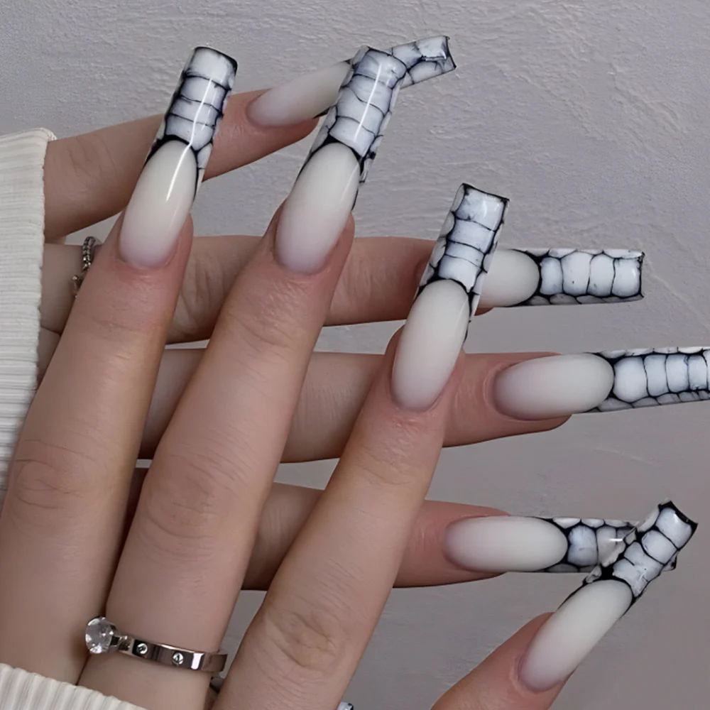 Architectural Elegance Extra Long Coffin Press-On Nails in Matte Gradient with Crisp Tile Pattern Detailing