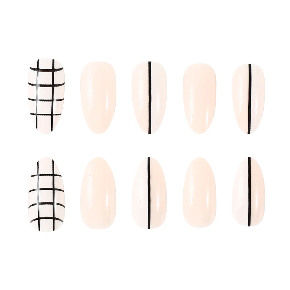 Artistic Grid Elegance Short Almond Soft Beige with Striking Black Accents Press On Nail Set
