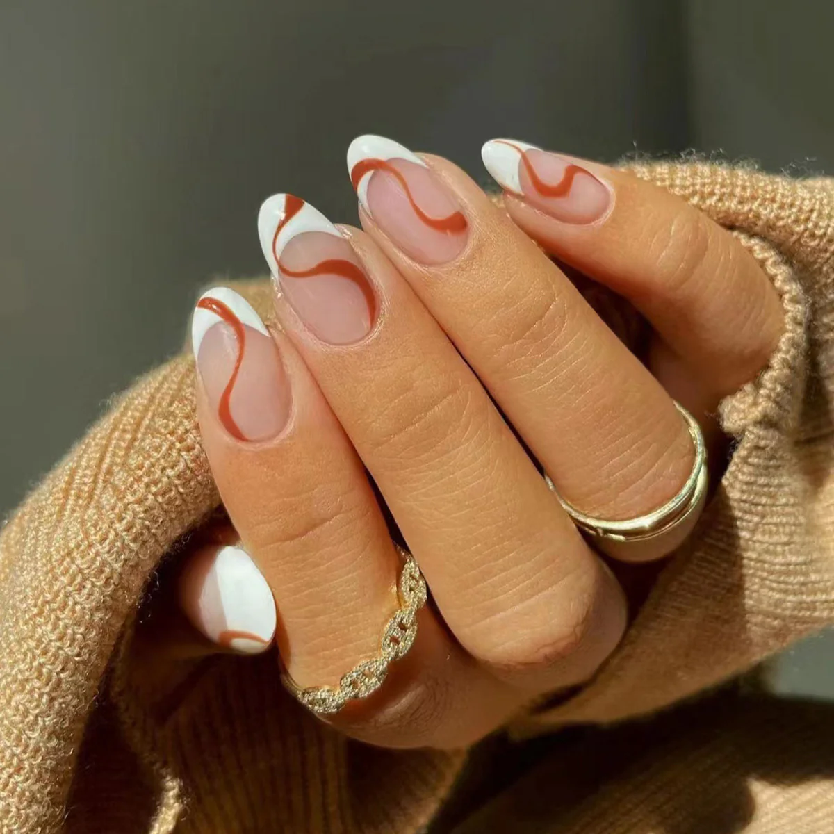 Artistic Marble Elegance Long Almond White and Brown Swirl Press On Nail Set