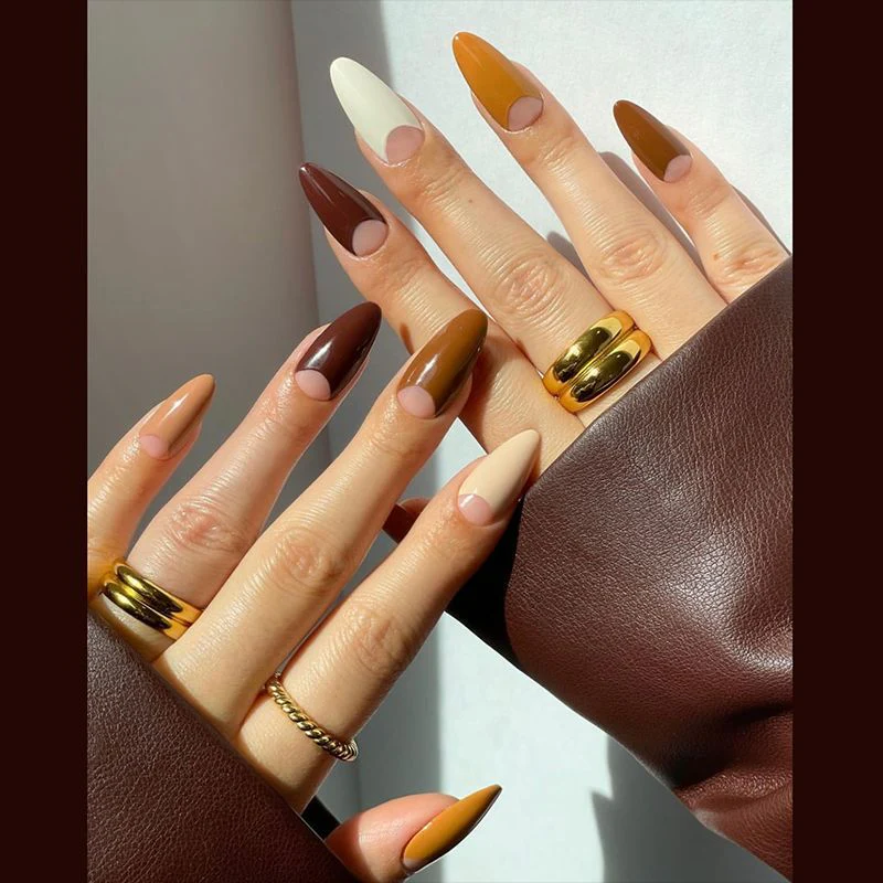 Autumn Elegance Long Almond Multicolor Press On Nails with Glossy Finish and Dual-Tone Design