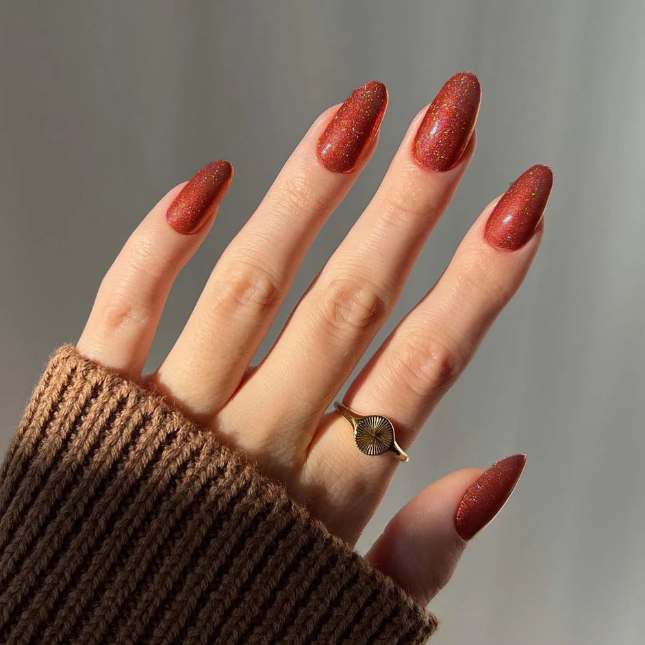 Autumn Elegance Long Oval Burnt Orange Glitter Press On Nail Set with Sparkling Accents