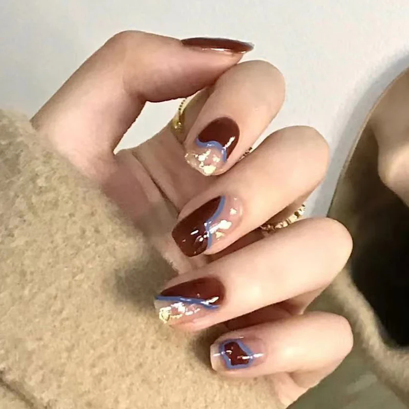 Autumn Elegance Long Square Maroon Press On Nails with Gold Foil Accents