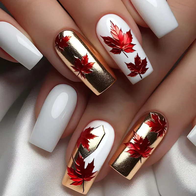 Autumn Elegance Long Square White and Gold Nail Set with Vibrant Red Leaf Accents