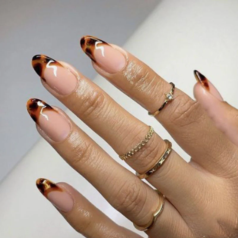 Autumn Elegance Medium Oval Beige Press On Nails with Tortoiseshell Accents