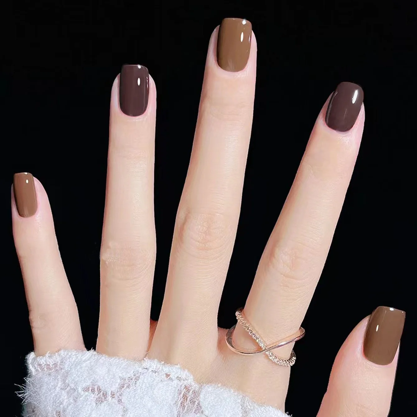 Autumn Elegance Medium Square Brown Two Tone Press On Nail Set with Glossy Finish