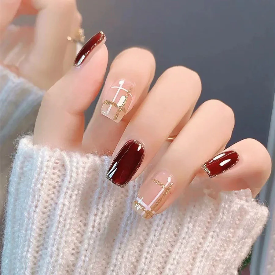 Autumn Elegance Medium Square Burgundy and Clear Press-On Nail Set with Gold Accents