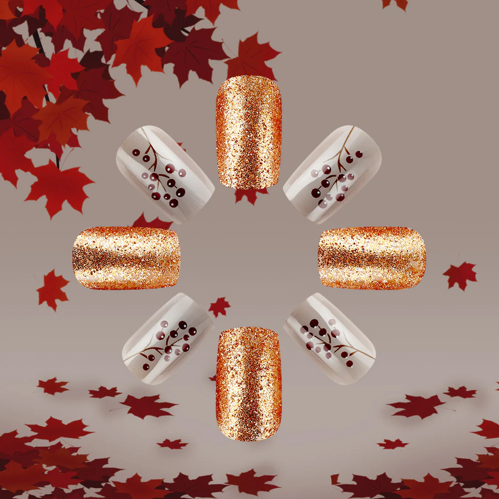 Autumn Elegance Press On Nail Set Medium Square Shape Golden Glitter and Delicate Berry Accent