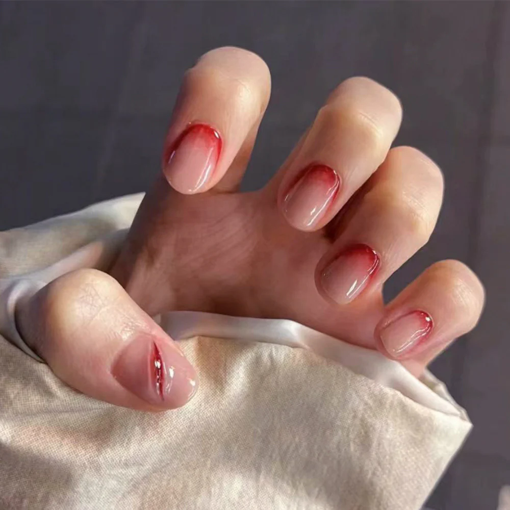 Autumn Elegance Short Round Red Gradient Press On Nail Set with Glossy Finish