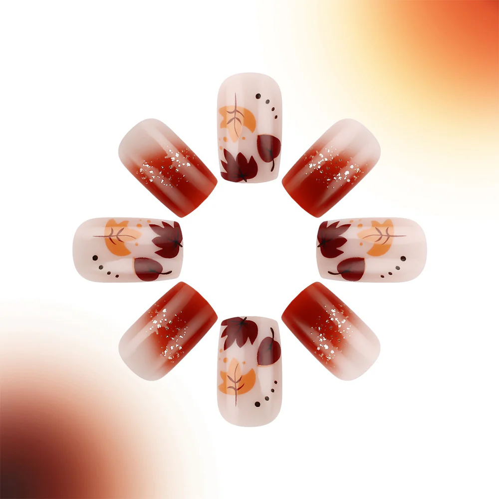 Autumn Elegance Short Square Red Ombre with Leaf Design Press-On Nail Set