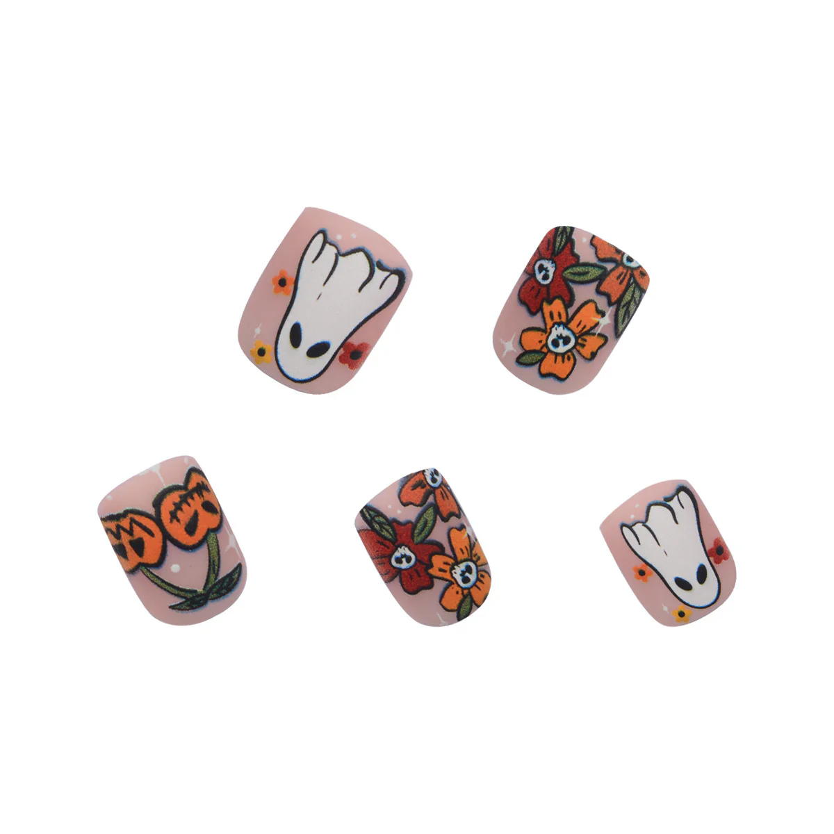 Autumn Ghostly Floral Medium Square Press On Nail Set in Soft Pink with Whimsical Flower and Ghost Designs