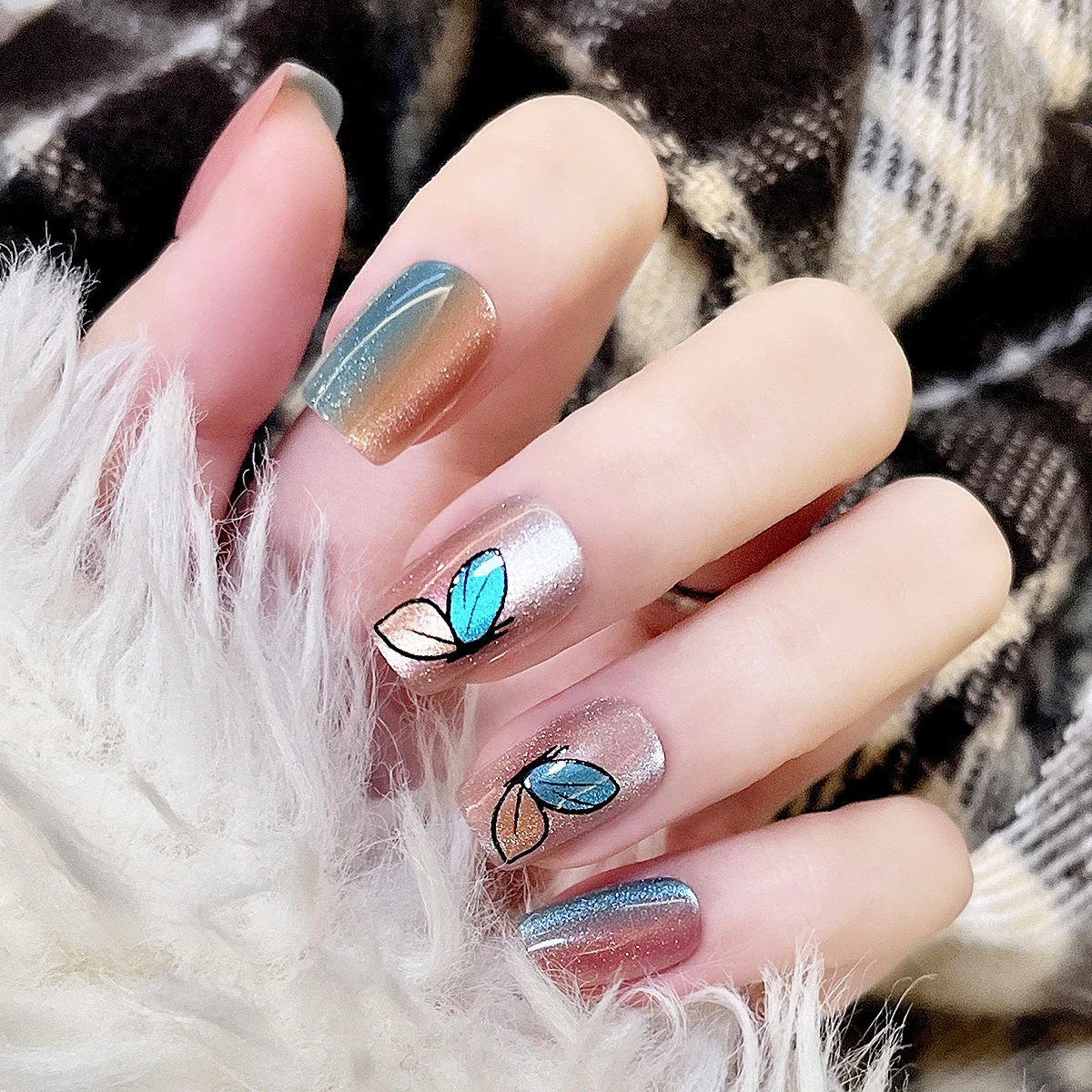 Autumn Leaves Medium Square Gradient Holographic Press-On Nails with Blue Leaf Accents