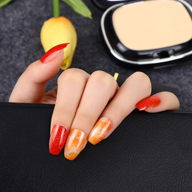 Autumn Spice Short Coffin Press On Nails Set, Red Orange Gradient Color with Glitter Accents