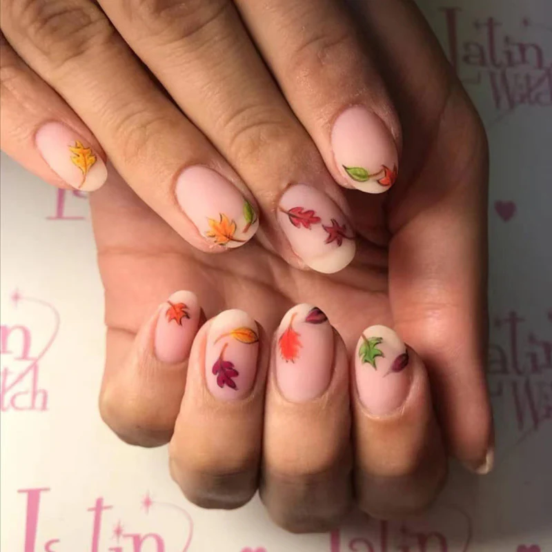 Autumn Whimsy Medium Almond Matte Beige Press On Nail Set with Colorful Leaf Designs