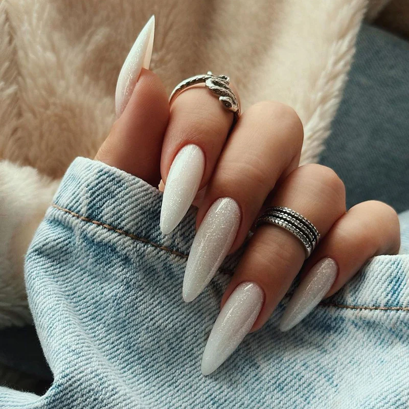 Available Always Long Oval Silver Glitter Press On Nails