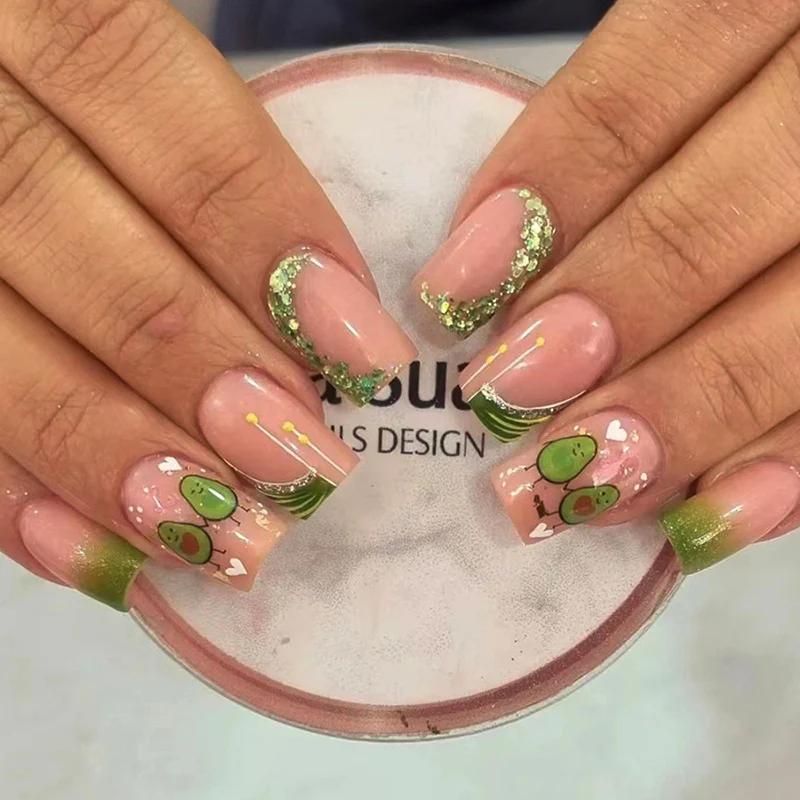 Avocado Buddies Medium Square Green Cute Press On Nails