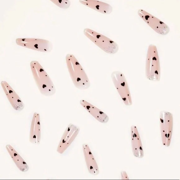 Bad Intentions Long Coffin Pink Hearts Press On Nails - Image 2