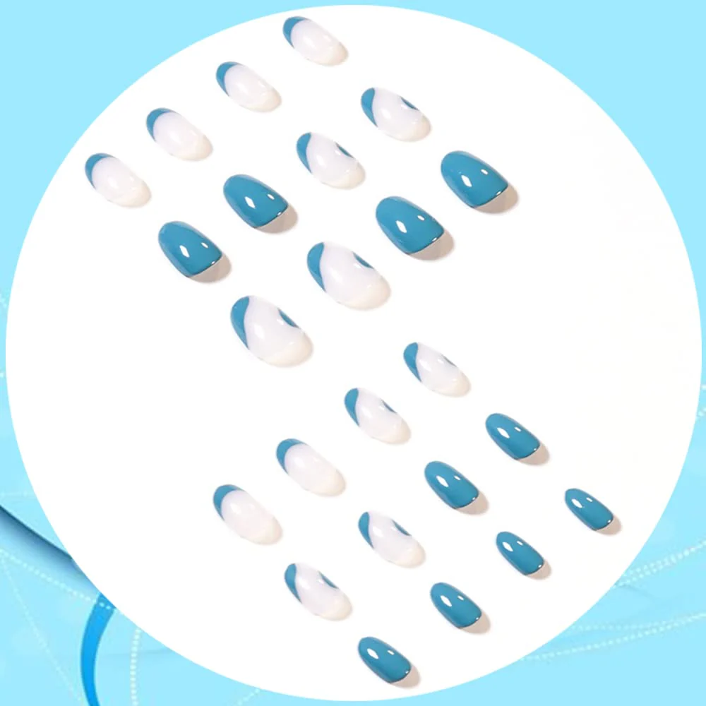 Basic Blue Long Oval Blue Everyday Press On Nails - Image 2
