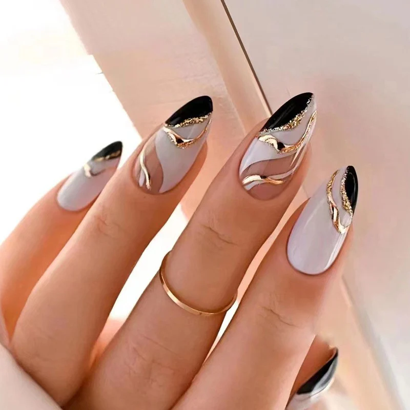 Beauty Define Medium Almond Gray Marble Press On Nails