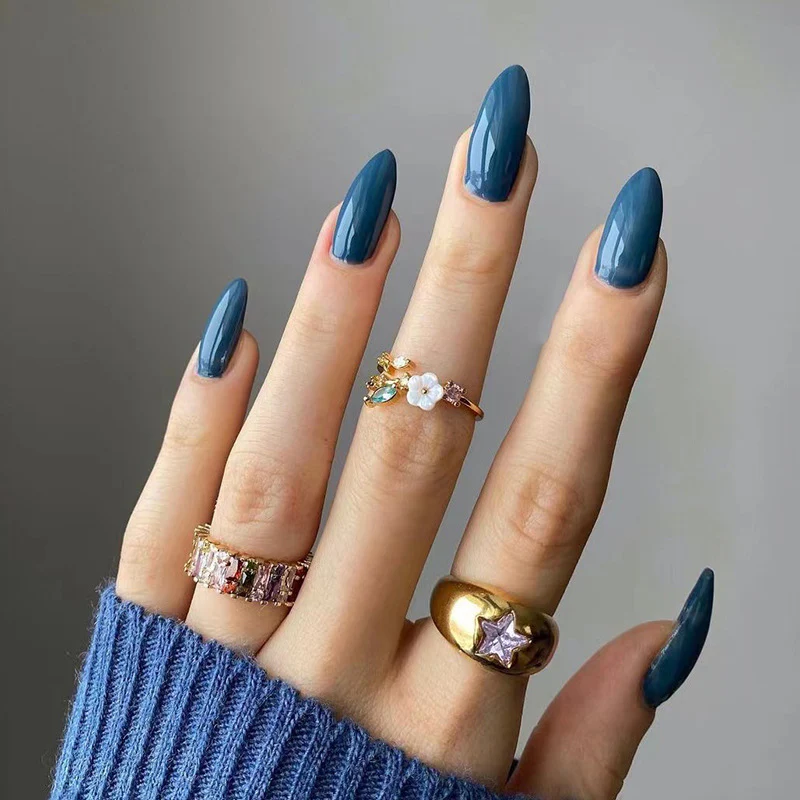 Beauty Guru Long Almond Blue Glossy Press On Nails