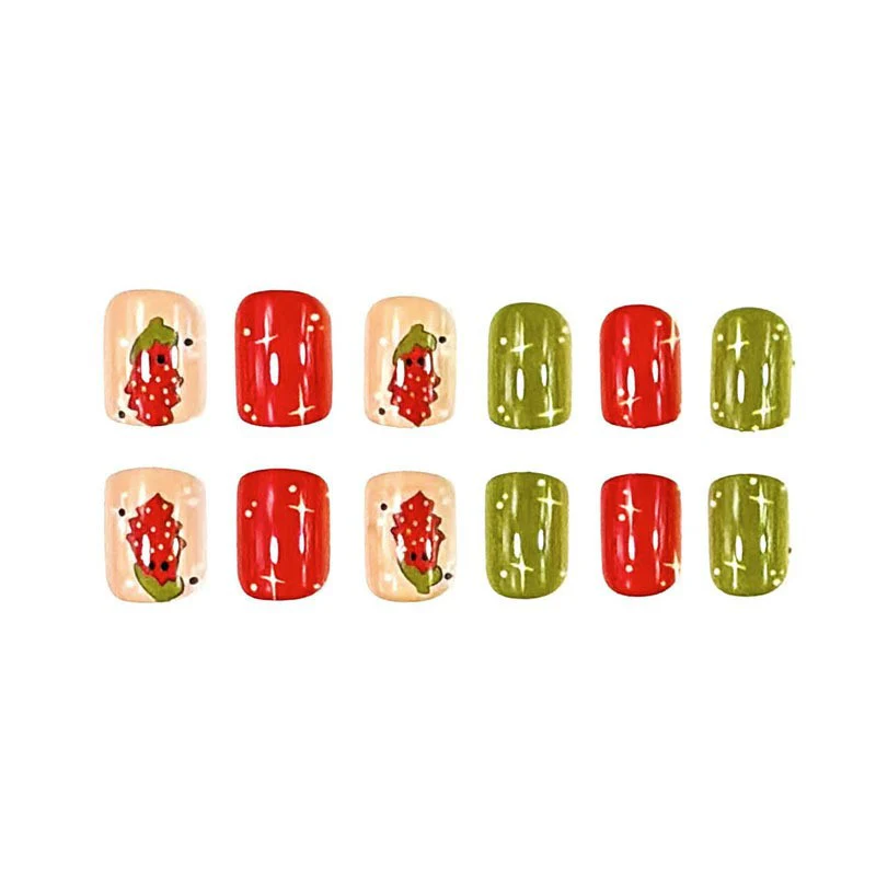 Berry Bliss Festive Short Oval Red Green and Beige Press On Nail Set with Strawberry Nail Art Design