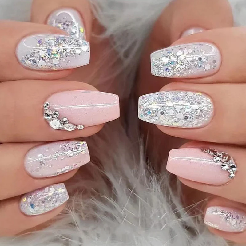 Birthday Girl Medium Coffin Silver Glitter Press On Nails