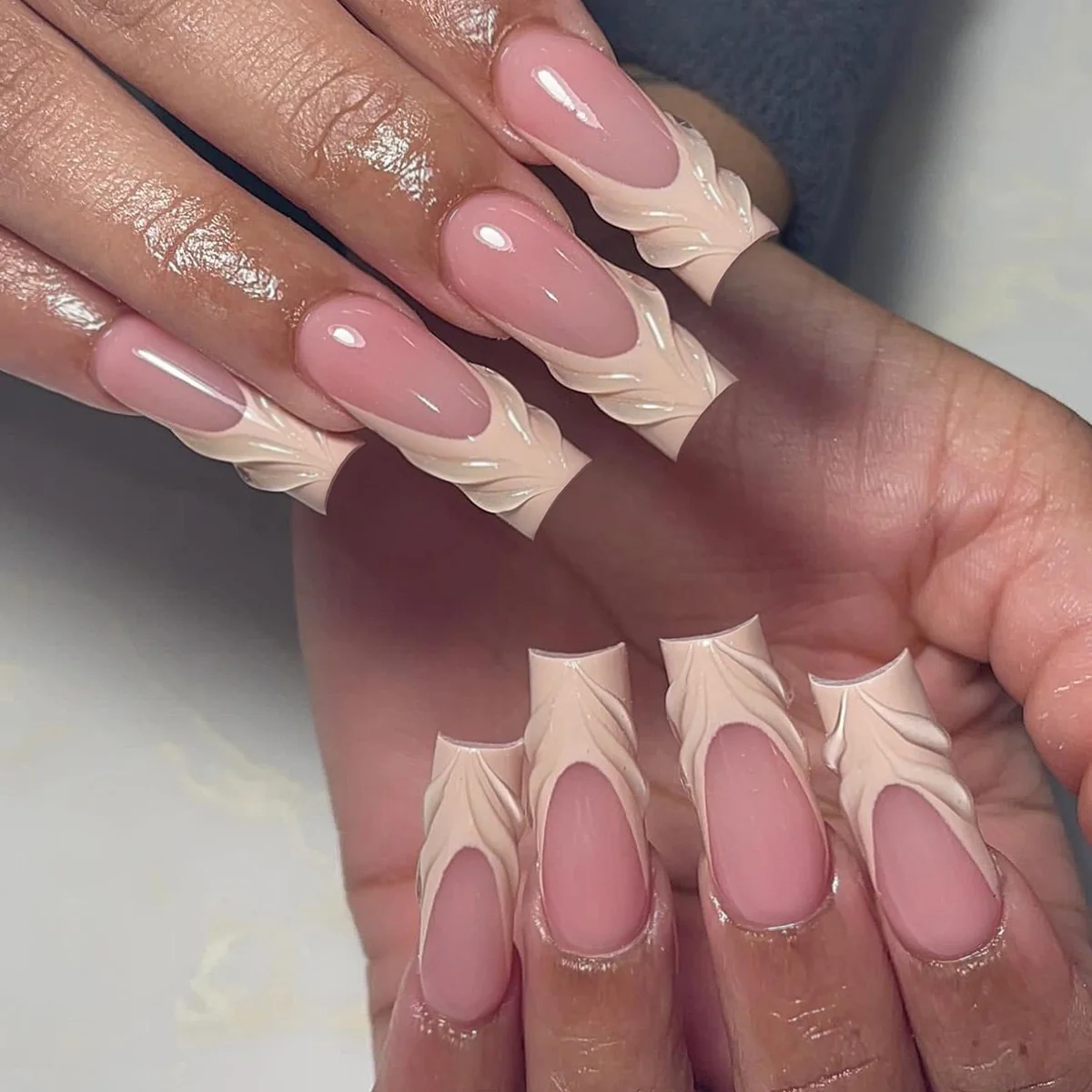 Blossom Elegance Long Square Soft Pink with Leaf Design Press On Nail Set