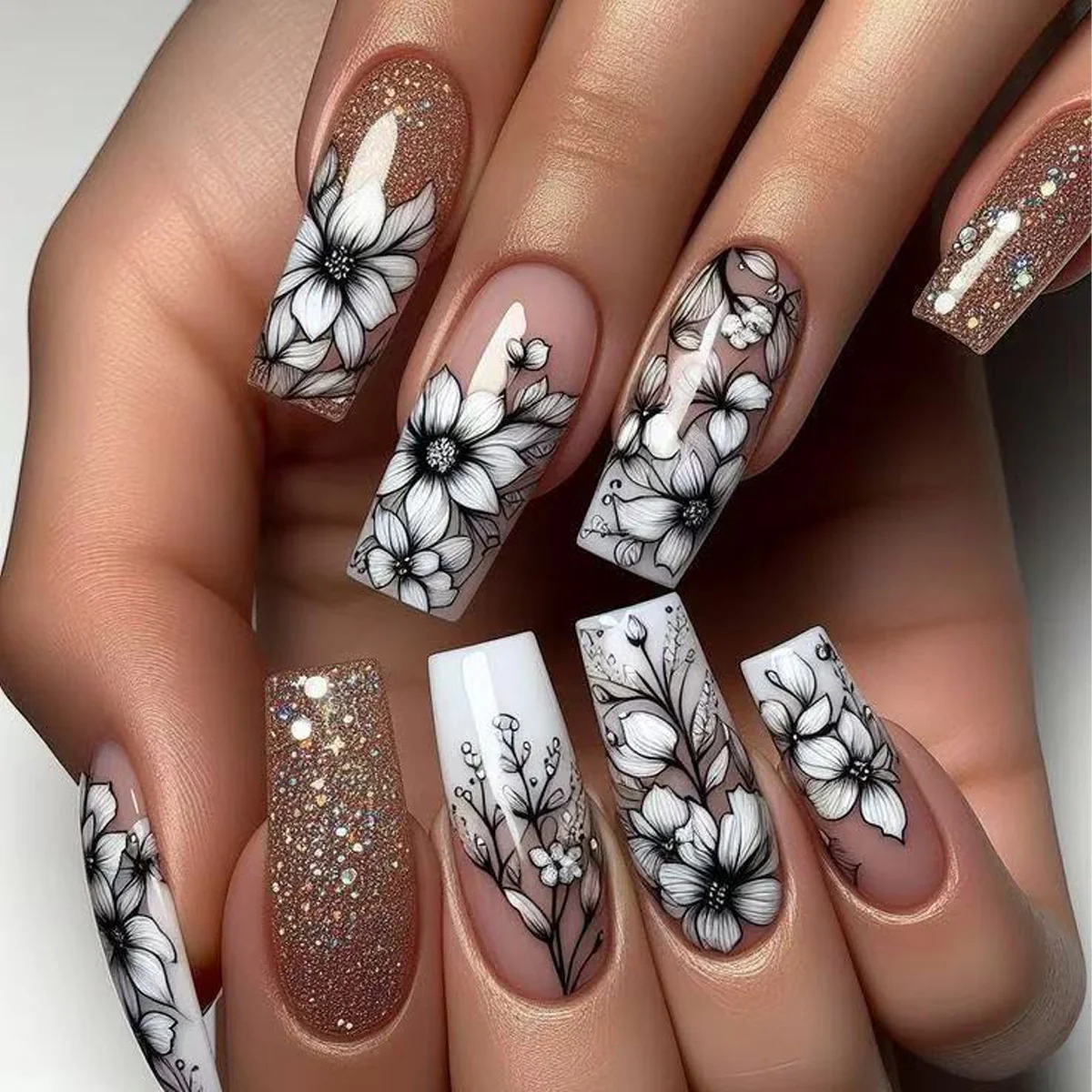 Blossom Elegance Long Square White and Glittering Press On Nail Set with Floral Design