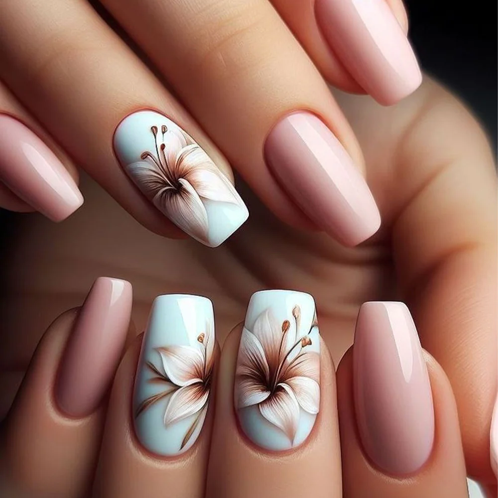 Blossom Elegance Medium Coffin Soft Pink and Blue Floral Design Press On Nail Set