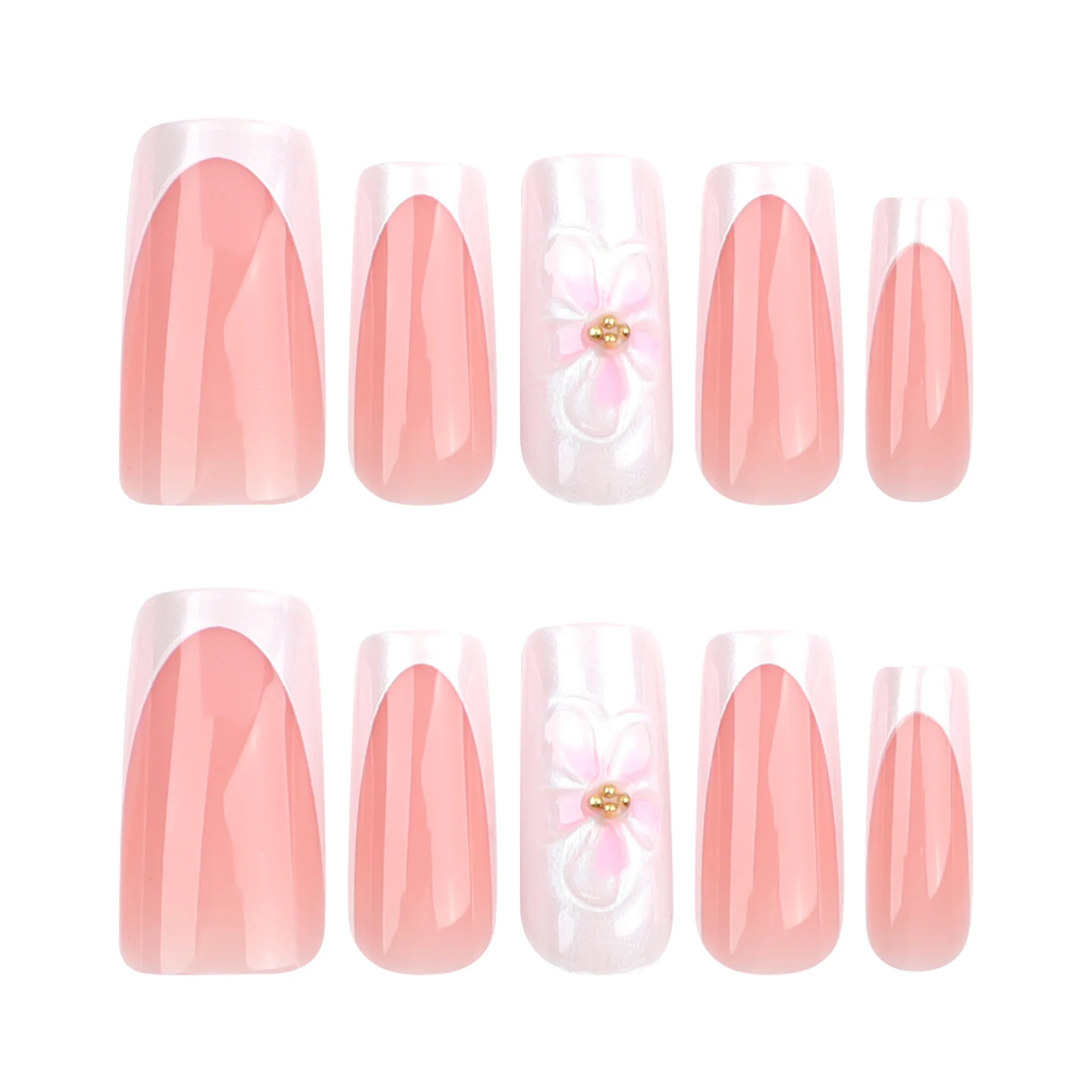 Blossoming Elegance Long Square Pink Nail Set with Floral Accent and Glossy Finish