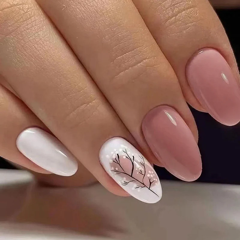 Blossoming Short Oval White Spring Press On Nails