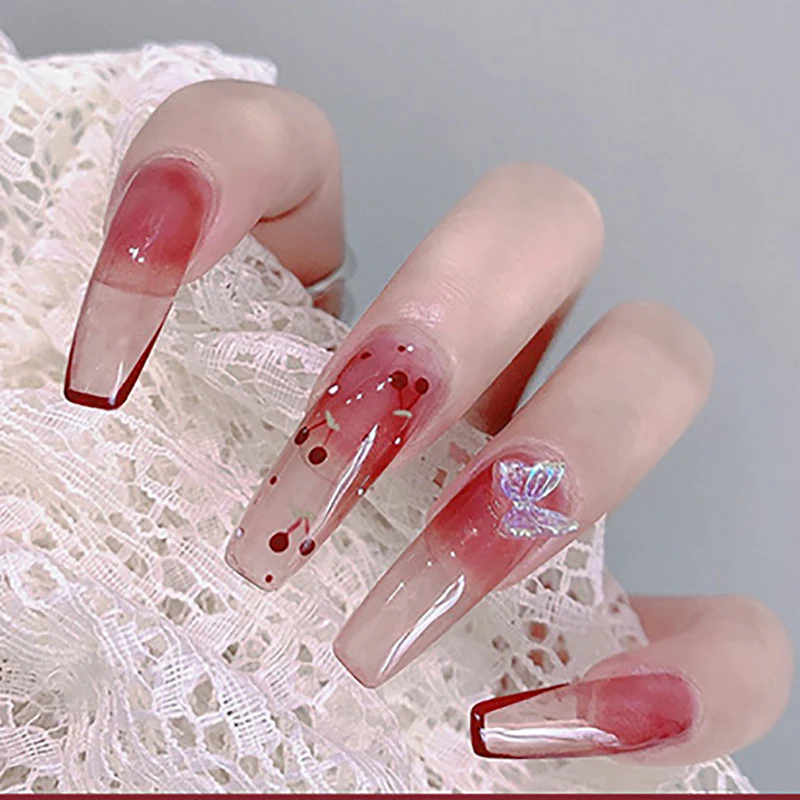 Bohemian Elegance Extra Long Coffin Burgundy Ombr≈Ω Press On Nails with Embedded Glitter Accents