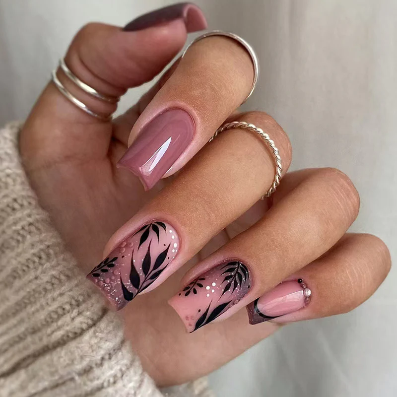 Bohemian Elegance Long Square Pink with Botanical Artwork Press On Nail Set