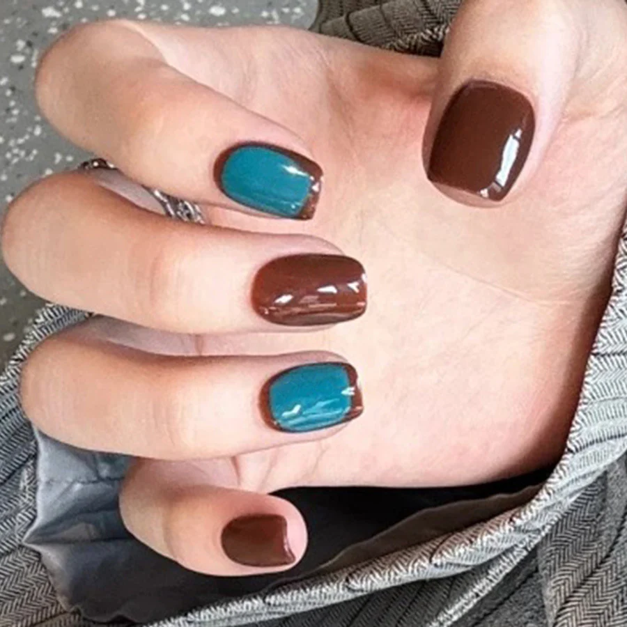 Bohemian Elegance Medium Square Press On Nail Set in Rich Brown and Vibrant Teal with Glossy Finish