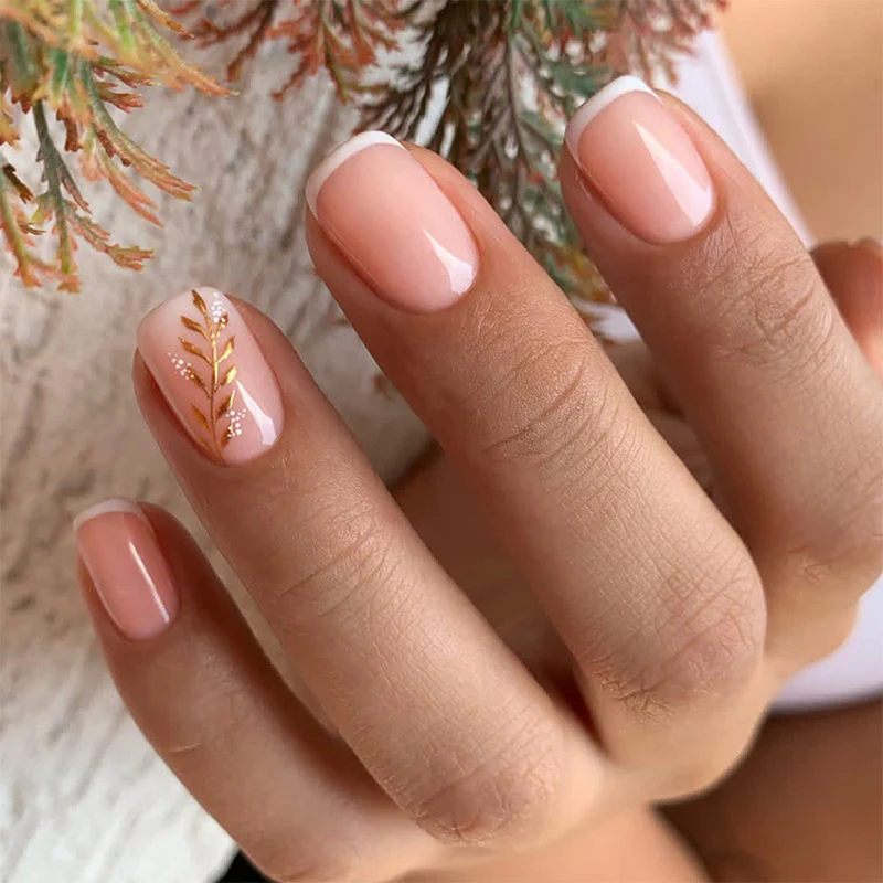 Bohemian Elegance Short Square Pink with Gold Leaf Accent Press On Nail Set