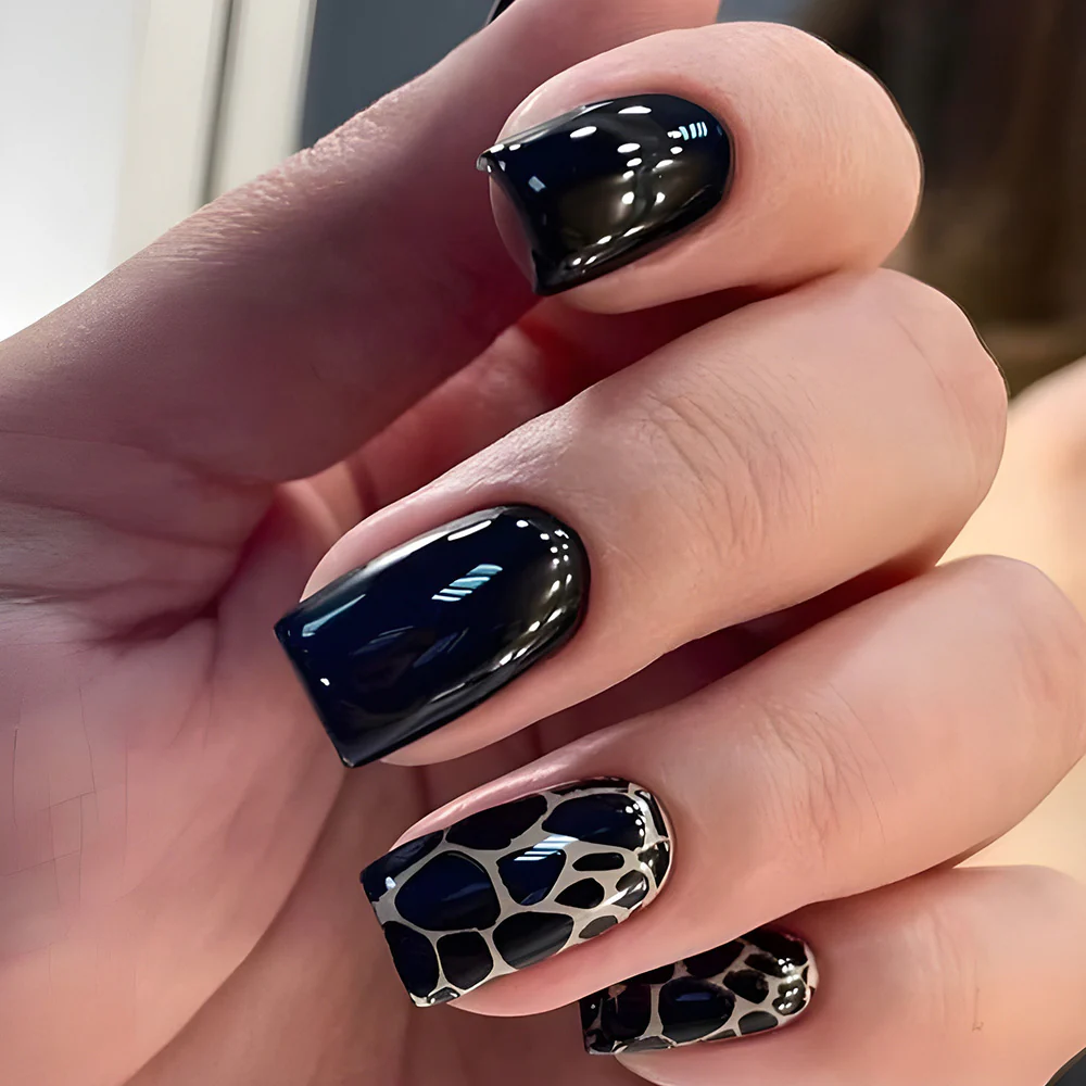 Bold Safari Inspired Medium Square Shape Glossy Black and Unique Animal Print Press-On Nail Set