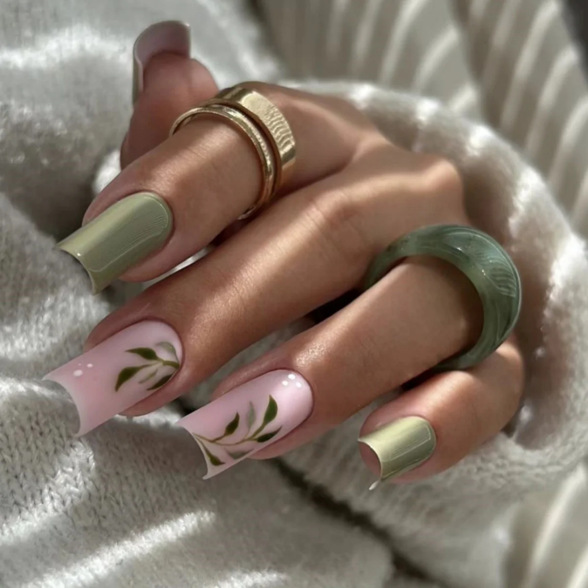 Botanical Elegance Long Square Green and Pink Press On Nail Set with Delicate Leaf Design