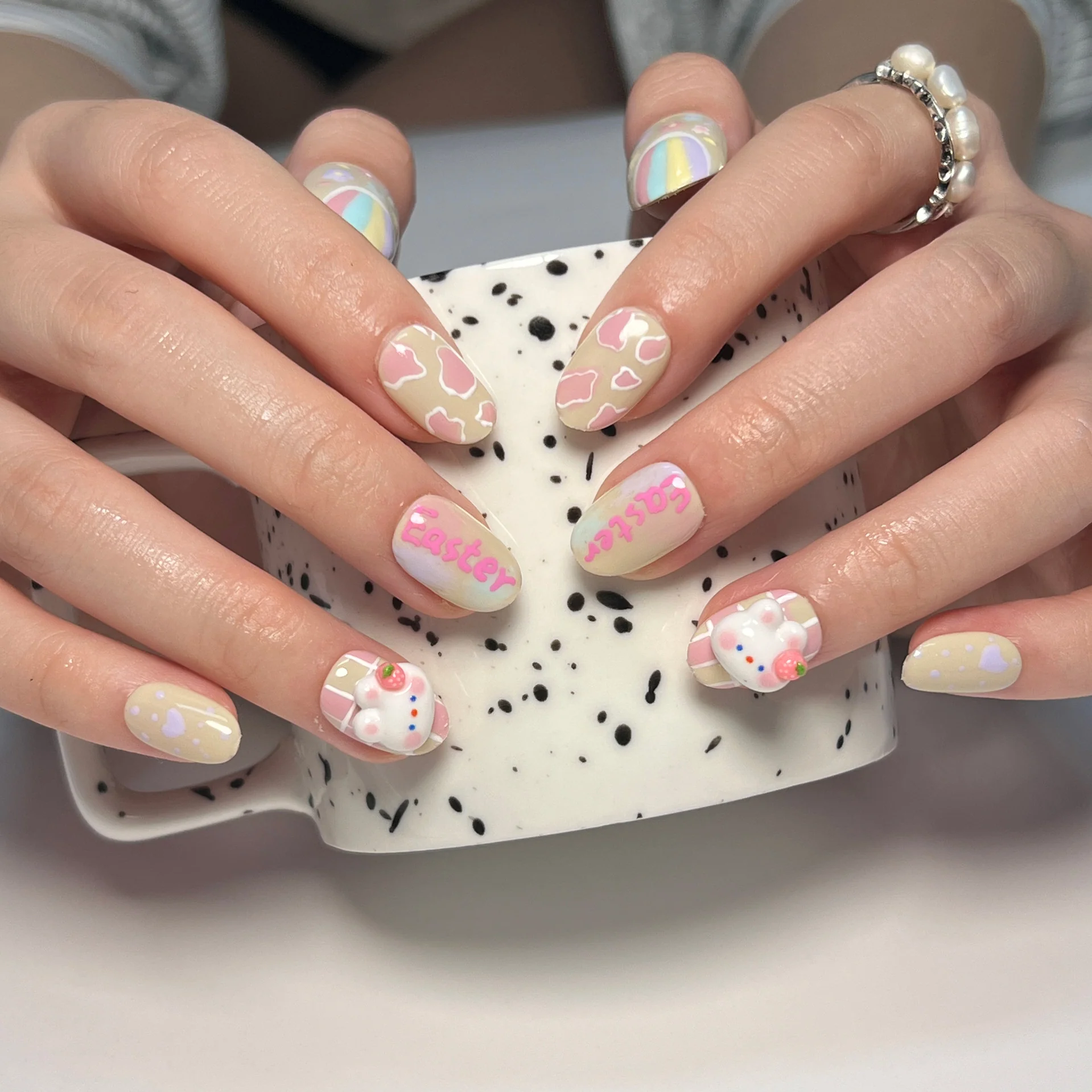 Bouncing Bunny Short Round Multicolor Easter Press On Nails