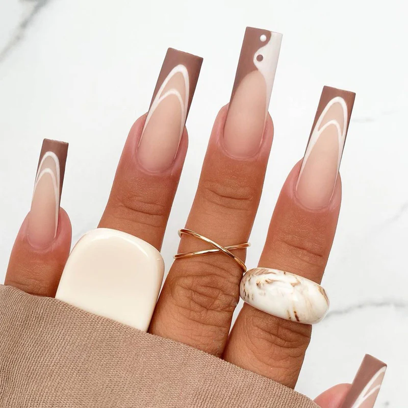Bowling Shoes Long Square Brown Abstract Press On Nails
