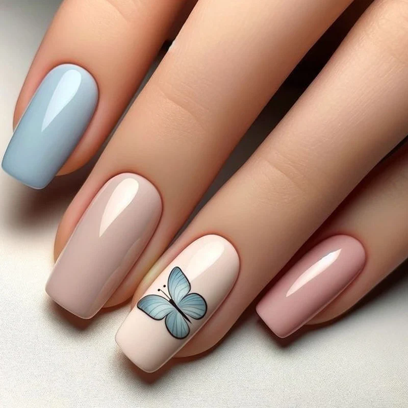 Butterfly Bliss Long Square Pastel Blue Pink Press On Nail Set with Delicate Butterfly Design